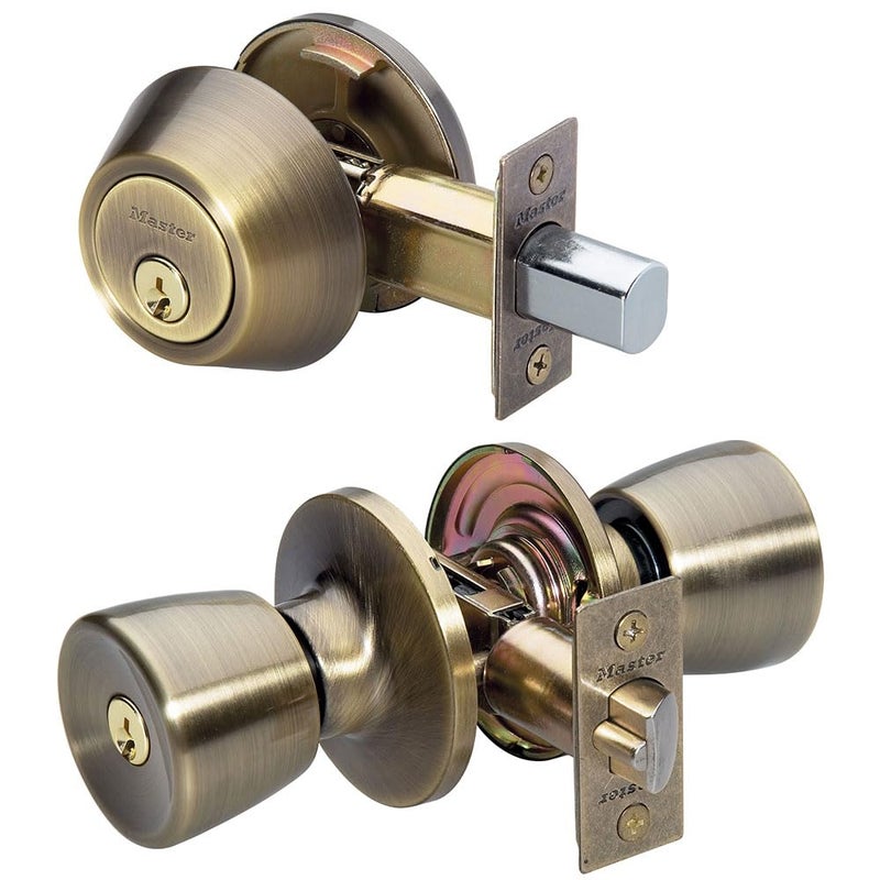 Master Lock Keyed Entry Door Lock, Single Cylinder Deadbolt with Matching Tulip Style Knob, Antique Brass, TUCO0605,Combo - Image 1